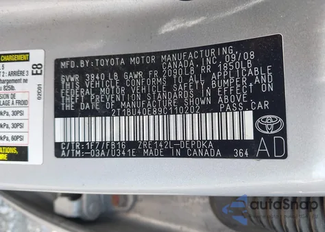 2009 Toyota Corolla Le из США, поврежденный, VIN 2T1BU40E89C110202